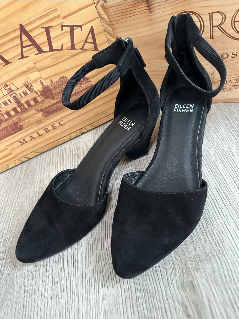 EILEEN FISHER Just Suede Ankle Strap Pumps 7.5 Black Angle Heel Classic